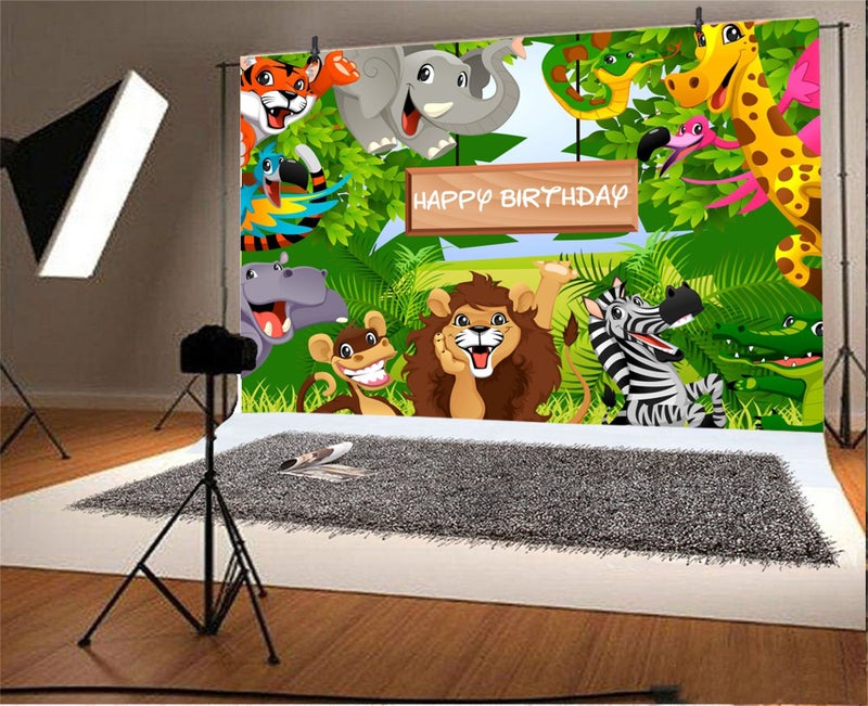 AOFOTO 7x5ft Cartoon Safari Park Animals Backdrop Kids Happy Birthday Party Decorations Fauna Jungle Forest Wildlife Elephant Photography Background Baby Zoo Theme Boy 1st Bday Photo Studio Prop Vinyl - Image 2
